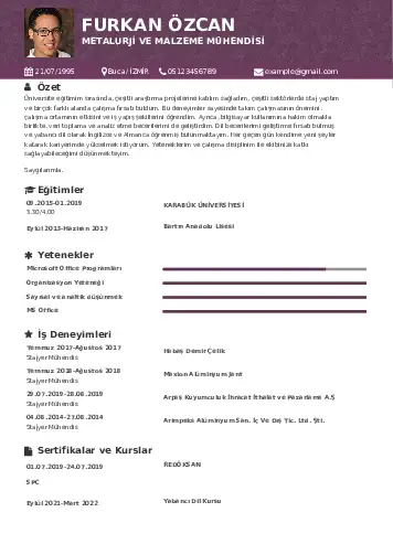 Metalürji Ve Malzeme Mühendisliği Cv Örnekleri cv indir